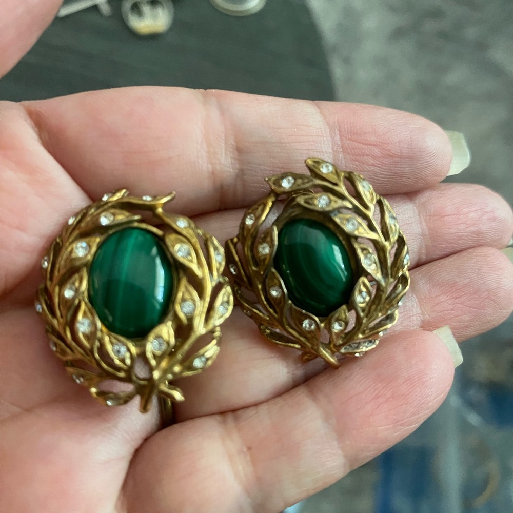 Gold-Tone Leaf Clip-On Earrings with Green Cabochons